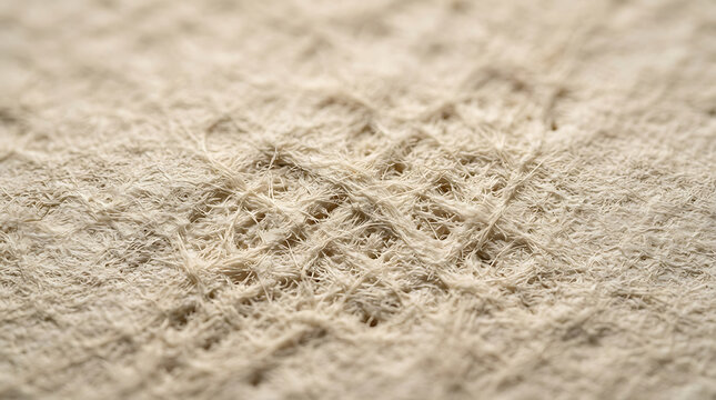 Macro close up view of a rough beige natural fiber carpet texture showing intricate woven details and soft organic material patterns