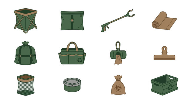 Camp Waste Management Icon Set for Leave No Trace Recycling Flat Vector Isolated on White Background