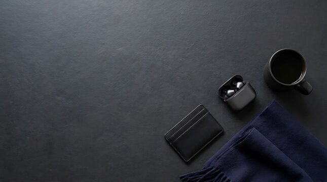 Black flat lay composition with wireless earbuds and coffee on dark surface