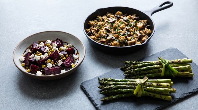 Roasted beet salad with feta and pistachios alongside grilled asparagus and mushroom stuffing in cast iron pan