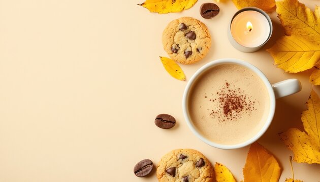 Autumn hygge flatlay with cappuccino cup cookies chocolate chips candle and yellow leaves on beige