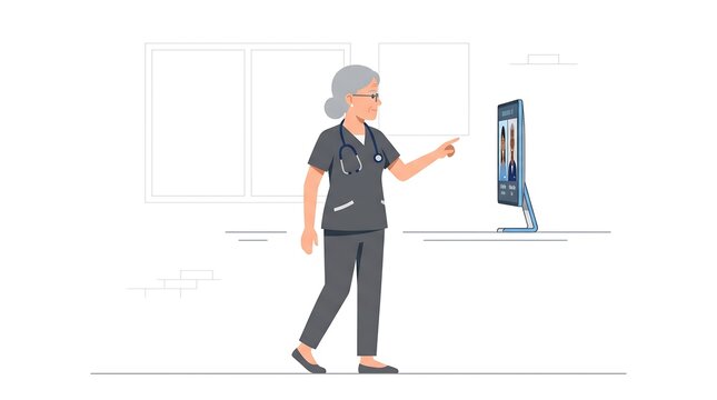 Senior female medical professional or nurse practitioner using modern telemedicine technology on a screen for professional healthcare consulting and digital skill development in a clinic setting