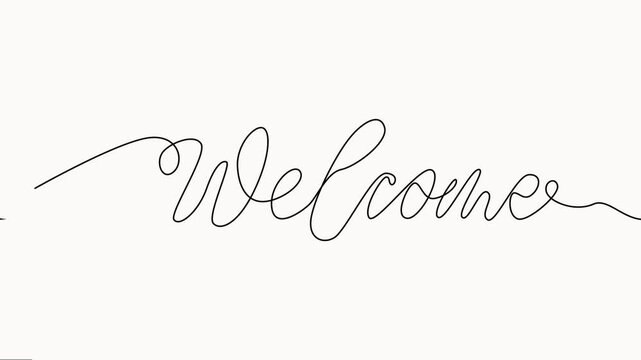 Self drawing animation one continuous line draw, Elegant cursive calligraphy handwriting animation drawing word welcome on clean white background.