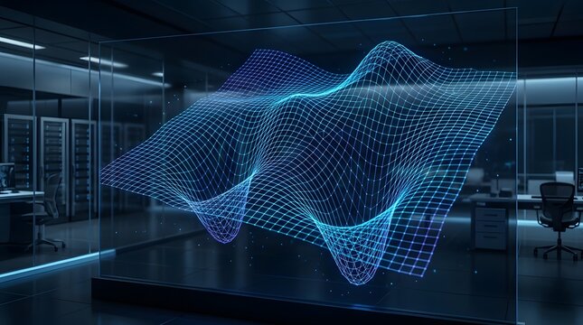 Digital data visualization of a blue glowing wave graph in a modern server room