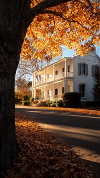 Historic white colonial mansion framed by golden autumn tree with fallen leaves on sunny street