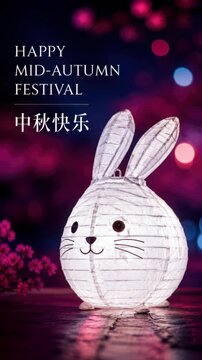 Happy Mid Autumn Festival 中秋快乐 greeting with glowing rabbit lantern, traditional Moon Festival celebration, Chinese cultural holiday with festive lights and symbolic Jade Rabbit