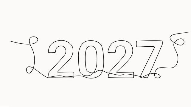 Self drawing animation one continuous line draw, Minimalist continuous line art drawing of new year 2027 number on clean off white background.