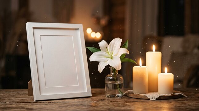 Pristine white blank picture frame beside glowing pillar candles and a single white lily with floating bokeh dust motes in soft light.