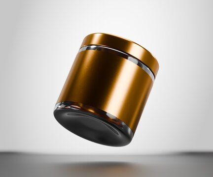 3d tub container mockups with gold labels, on white background