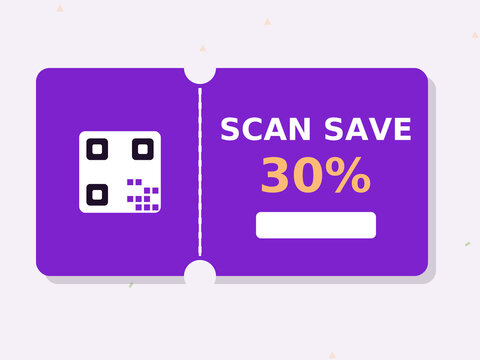 Scan Save E-Commerce Banner With Qr Code And 30% Discount Badge, Coupon Shape Flat Vector Promotion Illustration For Online Store Marketing