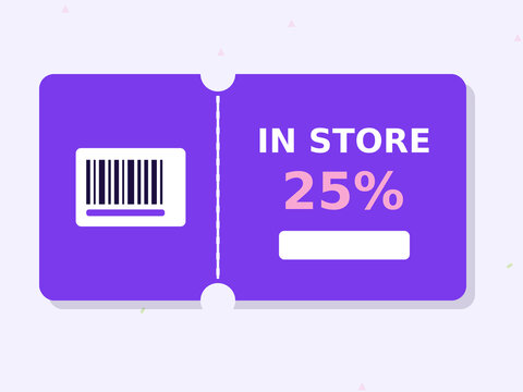 In Store E-Commerce Banner With Barcode And 25% Discount Badge, Coupon Shape Flat Vector Promotion Illustration For Online Store Marketing