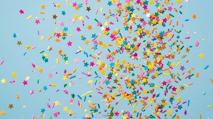 Obraz premium Joyful colorful star-shaped confetti and sprinkles raining down against a smooth pastel blue background in a festive celebration scene.