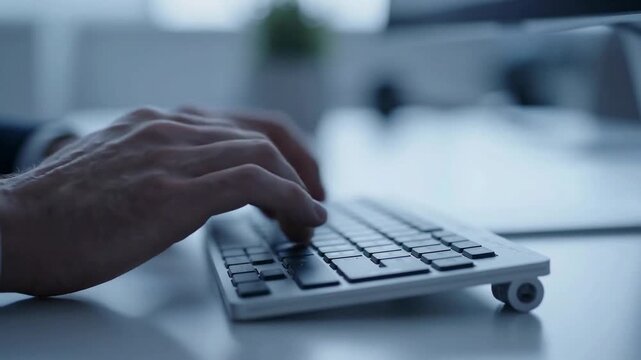 Hands typing on wireless keyboard in modern office workspace with computer