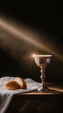 Holy Communion elements silver chalice with wine and bread on wooden table with divine light rays