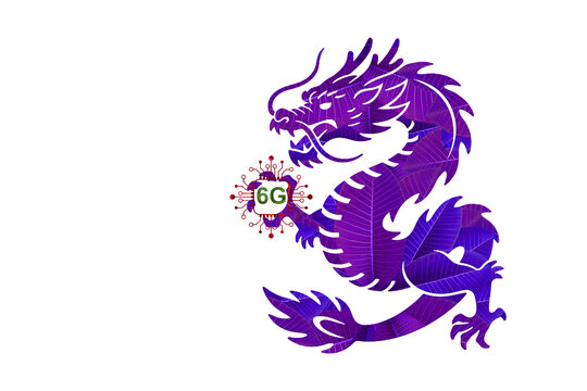 Purple dragon character holding 6G network technology orb symbol