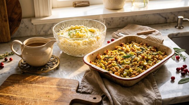 Thanksgiving stuffing and mashed potatoes served with gravy on a kitchen counter with cranberries and herbs