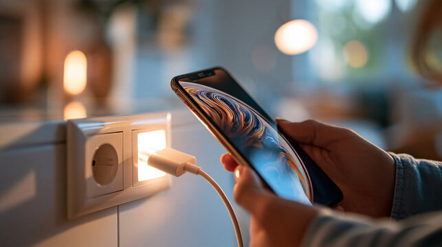 Close up of a hand charging a smartphone plugged into a bright white wall outlet, clean well lit interior scene, home electricity, power connection, energy use, with copy space