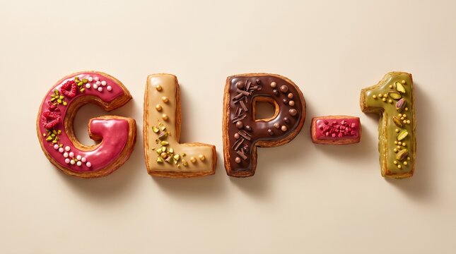 Letras "GLP-1" em formato de doces, bolo e confeitaria sobre fundo bege. Conceito criativo sobre desejo por a&ccedil;&uacute;car, diabetes, tenta&ccedil;&atilde;o e medicamentos para perda de peso.