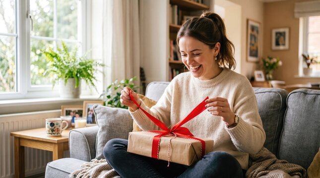 Young woman happily unwrapping a gift in a cozy living room with natural light