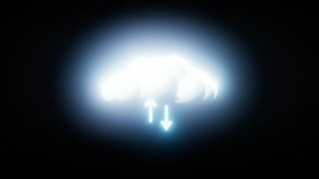 Glowing digital cloud icon with upload and download arrows, abstract technology background