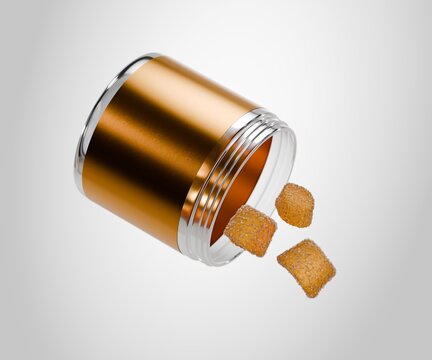 3d plastic tub container mockup with gold label and gummy sweets, white background
