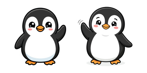 Obraz premium Two adorable cartoon penguins waving their flippers in a cheerful greeting