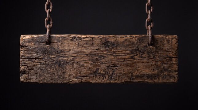 Empty rustic wooden sign hanging from rusty chains against a dark black background.