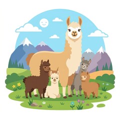Fototapeta premium Cute cartoon alpacas family in mountain landscape