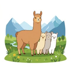 Fototapeta premium Cute cartoon llamas family in nature landscape