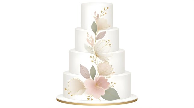 Elegant white four tier wedding cake with delicate pastel floral decorations and gold leaf accents for bridal events and celebrations