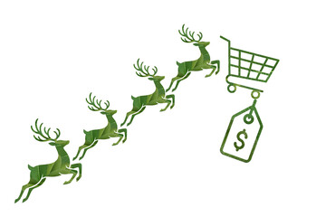 Team of green leaf reindeers flying with shopping cart © amornme