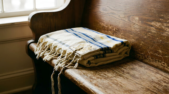 Traditional Jewish tallit prayer shawl with blue stripes folded on a wooden bench