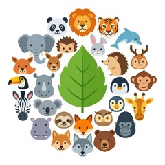 Fototapeta premium Circle of animal faces and a green leaf