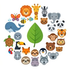 Fototapeta premium Circle of cute cartoon animals and a leaf
