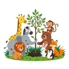 Fototapeta premium Cute cartoon animals planting a tree together