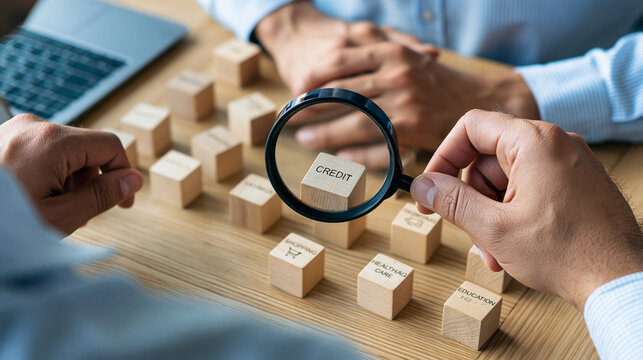 Top-down view of a focused financial advisor's hands inspecting a wooden credit block with a magnifying glass, surrounding blocks for banking, savings, shopping, healthcare and edu