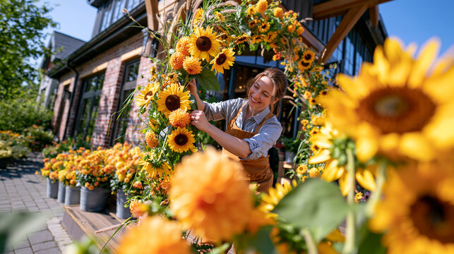 Framed by a lopsided garland arch of sunflowers, dahlias, and wild grasses, one adult florist standing on a low step attaches the final golden cluster around an independent brick-f