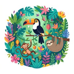 Fototapeta premium Tropical jungle scene with toucan monkey and sloth