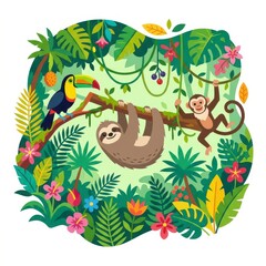 Fototapeta premium Jungle scene with sloth toucan and monkey