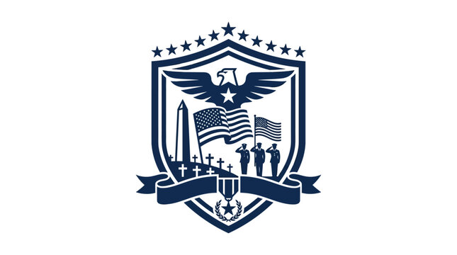 American Military Memorial Shield Emblem with Eagle and Flags.