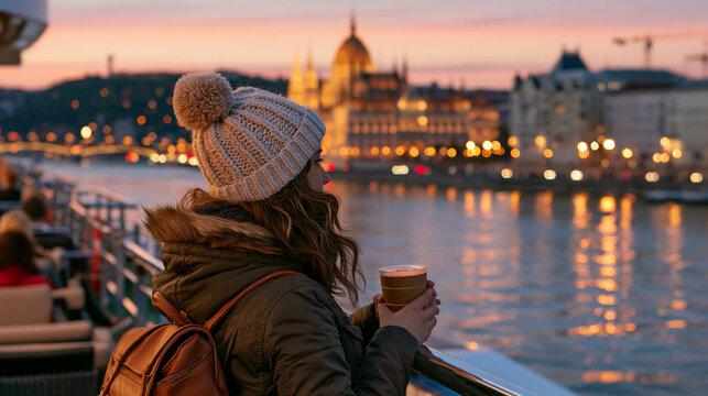 Young female traveler holding a warm drink on the deck of a river cruise boat at dusk, framed in a high-angle wide view, with the Budapest riverbank and the Parliament building wit