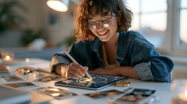 Modern female astrologer working with a digital birth chart on a tablet at a bright desk surrounded by tarot cards and crystals, astrology, online consultation, spiritual technolog