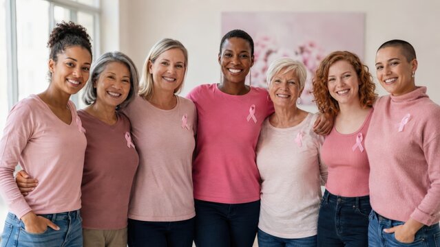 A Diverse Group of Women Standing Together, Embracing Their Strength and Unity While Wearing Pink Ribbons in Support of a Cause