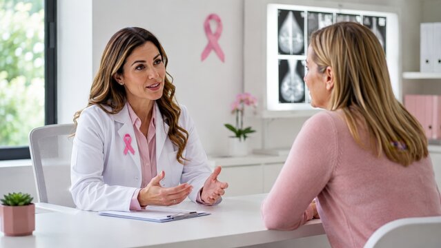 Female Doctor Engages in Compassionate Discussion with Patient in a Modern Clinic Setting Focused on Breast Health Awareness and Support