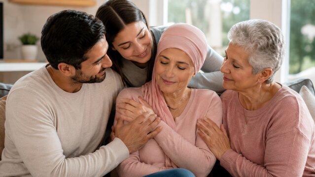 Heartwarming Family Support: A Loving Gathering of Three Generations Comforting a Cancer Survivor with Compassion and Empathy