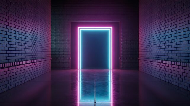 Dark industrial interior corridor featuring a glowing neon portal door in futuristic synthwave style with reflective concrete floor