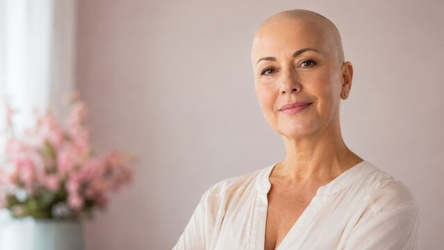 Empowering Portrait of a Confident Woman with a Shaved Head Against a Pastel Background, Emphasizing Inner Strength and Beauty
