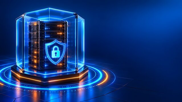 High tech server rack enclosed in a glowing transparent cybersecurity shield representing encrypted database protection and secure hosting.