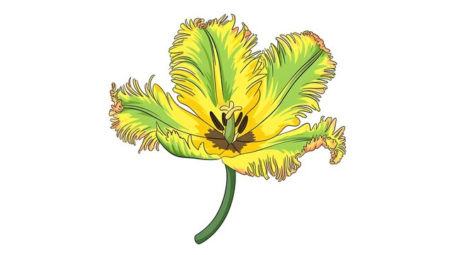 Detailed vector illustration of a vibrant yellow and green parrot tulip flower with fringed petals isolated on white