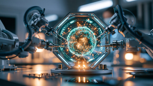 Pulsing bioluminescent cell mass in soft teal and amber tones suspended inside a hexagonal glass chamber, precise robotic arms with fine instruments arranged around it, bright ster